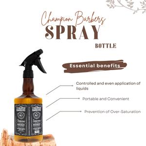 Champion Barbers High Ǫuality Plastic Spray Bottle, 500ml, Amber Color, Fine Mist, Continuous Spray, Multi-Purpose - Ideal Spray bottles for Salons, Barbers, Whiskey-Themed Organiser Canister