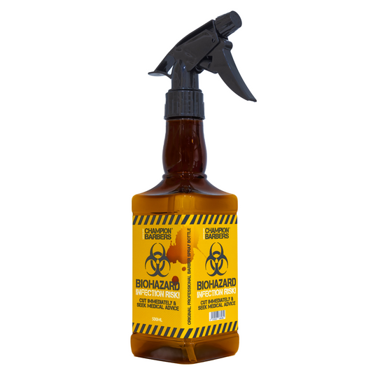 Champion Barbers – High Quality Plastic Spray Bottle | 500ml | Amber Colour | Ideal Spray Bottles for Salons and Barbers | Biohazard-Themed