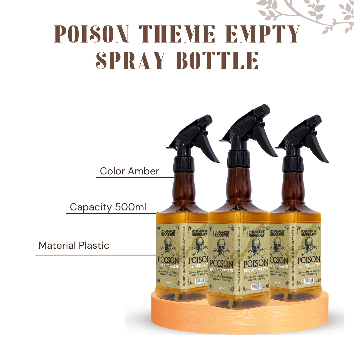 Champion Barbers – High Quality Plastic Spray Bottle | 500ml | Amber Colour | Ideal Spray Bottles for Salons and Barbers | Poison-Themed
