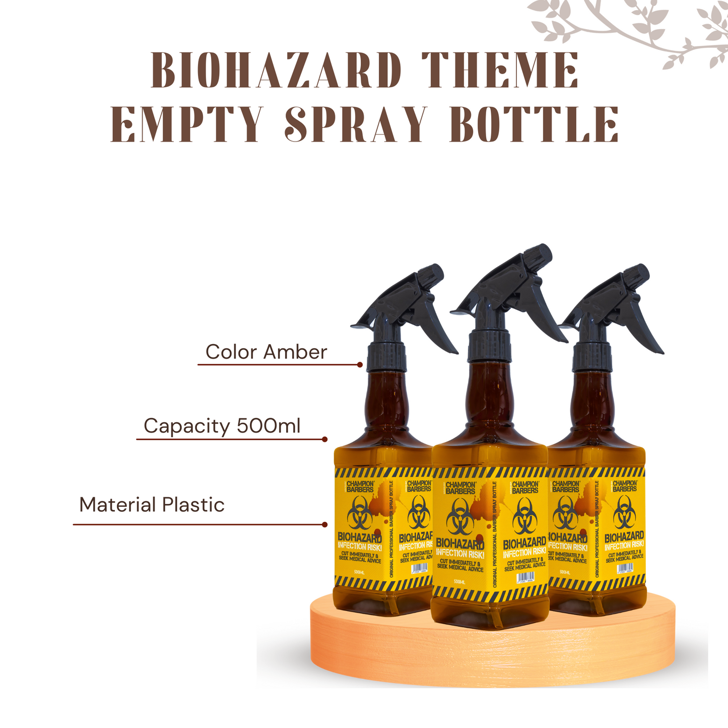 Champion Barbers – High Quality Plastic Spray Bottle | 500ml | Amber Colour | Ideal Spray Bottles for Salons and Barbers | Biohazard-Themed