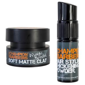 Champion Barbers Style Mastery Duo 80ml Hair Clay and 20g Hair Powder Set -Strong Hold and Matte Finish Hair Clay-Instantly Add Volume, Texture, And Lift To Your Hair with Hair Volume Powder