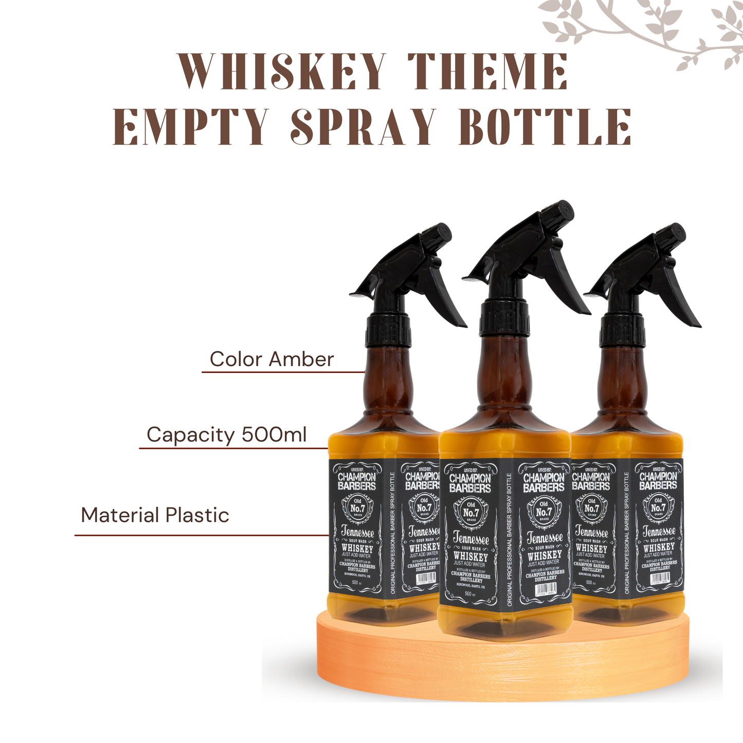 Champion Barbers – High Quality Plastic Spray Bottle | 500ml | Amber Colour | Ideal Spray Bottles for Salons and Barbers | Whiskey-Themed